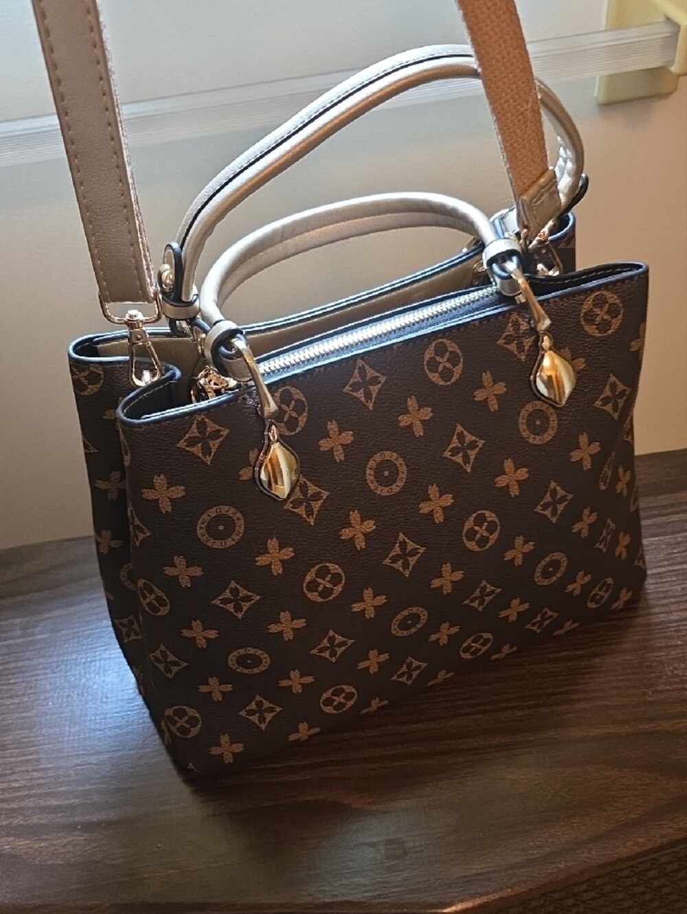 Brown Monogram Satchel Handbag with Gold Accents - Picture 6 of 16